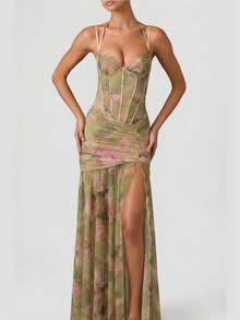 Women's Short Printed Strappy Dress - High Waist With Side Slit, Beachy Holiday Style - New Arrival Summer 2026 - 綠色 - 查看 4
