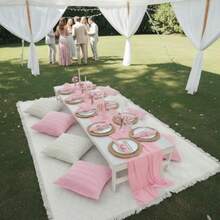 Beeveer - Manta de picnic bohemio extragrande de 91 x 71 pulgadas con camino de mesa rosa, 6 fundas de almohada, 6 servilletas de algodón tela de gran tamaño, manta de playa, lavable, picnic - Rosado - Ver 4
