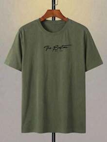 Camiseta de manga corta de verano casual con estampado de eslogan para hombres - Verde militar - Ver 2