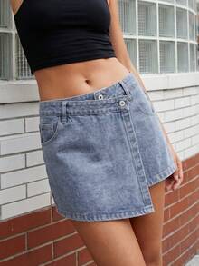 Womens High Rise Denim Skorts Asymmetrical Mini Jean Shorts Casual Summer Going Out Short Pants - Blue - View 3