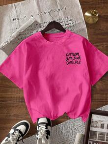 Camiseta de manga corta con cuello redondo y estampado de letras, de uso casual y versátil para uso diario - Rosa Fucsia - Ver 2