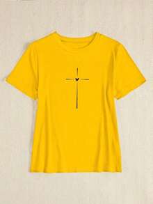 Camiseta de manga corta casual de ajuste ceñido para mujer con patrón de cruz para ropa de Año Nuevo - Amarillo - Ver 5