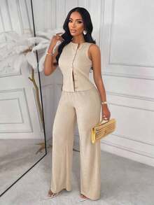 sin mangas a rayas Amarilo y pantalones rectos, conjunto de dos piezas, elegante y de negocios casual, último conjunto de mujer elegante para primavera/verano - Albaricoque - Ver 3