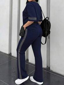 Conjunto de 2 piezas de camiseta de manga corta de cuello redondo y pantalones sueltos de cintura elástica para mujer, uso casual diario, elegante para primavera/otoño y verano - Azul real 66 - Ver 7