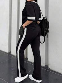 Conjunto de 2 piezas de camiseta de manga corta de cuello redondo y pantalones sueltos de cintura elástica para mujer, uso casual diario, elegante para primavera/otoño y verano - Blanco y Negro - Ver 10