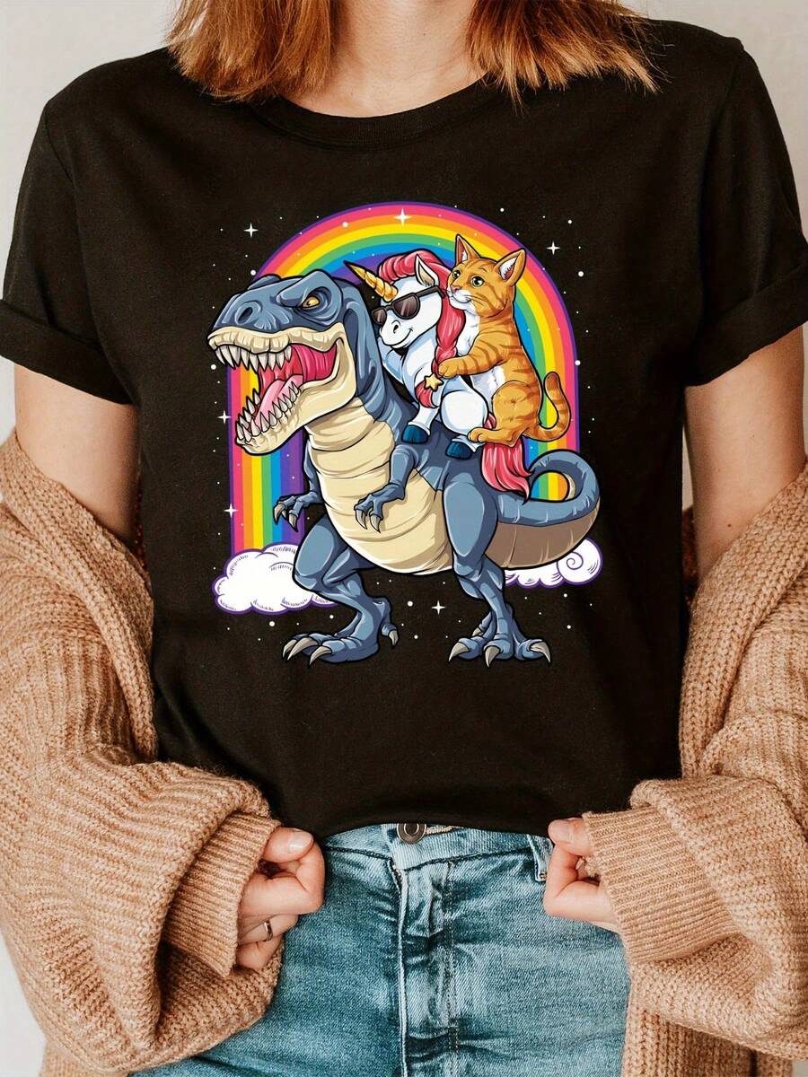 [Fun And Comfortable T-Shirt] Fashionable T-Shirt With Unicorn Cat Riding A Dinosaur Letter Print, Short Sleeve And Round Neck, Casual Blouse For Summer And Spring, Women's Clothing - Black - View 1