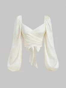 MOD Elegante Camisa Cruzada de Color Sólido con Mangas Tipo Linterna y Lazos para Mujer, Primavera/Verano - Blanco - Ver 6