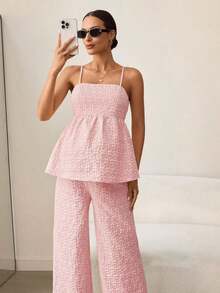 MaterniWear Set de 2 piezas de conjunto informal de camiseta de tirantes y pantalón de pierna ancha con estampado floral para maternidad - Rosa Pálido - Ver 7