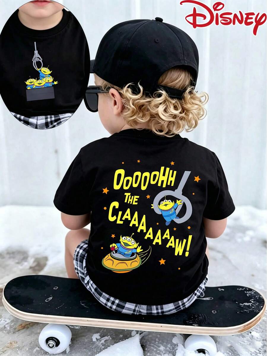 Disney Official Licensed Baby Boys Tops, Short-Sleeved T-Shirt, Toy Story Alien Claw Machine Pattern Printing, Summer Breathable Comfortable Short Sleeves, Kids Cartoon Casual T-Shirt - Black - View 1