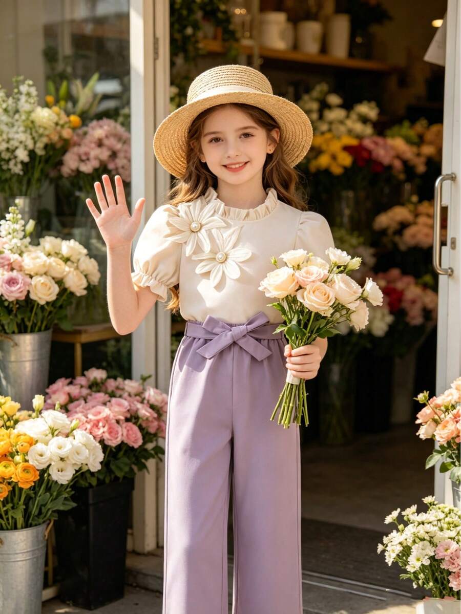 2pcs/Set Girls 3D Floral Print Short Sleeve Top And Straight Leg Pants With Belt, Casual Fashion - Lilac Purple - View 1