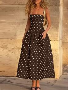 YHH2026 Nuevo vestido elegante, sexy y casual de primavera/verano para vacaciones, fiestas de té, festivales de música country, con volantes en la cintura, tirantes a lunares, color blancoYHH - Marrón - Ver 3