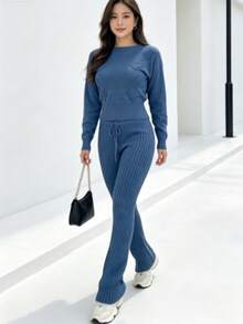 Knitted Set, Women's Long Sleeve Knitwear, Women's Fashion, Casual, Urban, Party, Nightclub, Comfortable - 藍色 - 查看 2