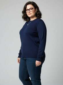 Vivi Women's Plus Size Wool Sweater For Cold Weather, Basic Knit, Long Sleeve - 藏蓝色 - 查看 3
