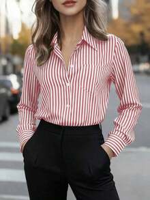 Blusa de mujer de manga larga con cuello puntiagudo y bolsillos con botones, a rayas, de estilo casual básico, adecuada para uso diario en la oficina, otoño/invierno/primavera - Rojo CS046-1 - Ver 4