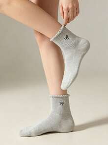 1/5 paires de chaussettes montantes femme avec volants et nœud en forme de cœur - respirantes, confortables, douces - convient pour le port quotidien, le travail, la maison - toutes saisons - Multicolore - Voir 7