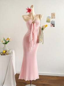 2026 Women's Romantic Gradient Mesh Knit Holiday Dress With Halter Neck, Bow And Decorative Metal Buckle, Mermaid Cut, Suitable For Parties, Dates, Afternoon Tea, Sexy And Elegant - 綠色 - 查看 12