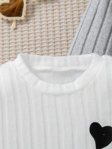3pcs/Set Girls Heart Embroidery Decor Round Neck Long Sleeve T-Shirt Casual Tops, Spring & Autumn - Dusty Pink - View 4