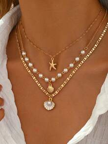 Bộ 3 mặt dây chuyền ZA thời trang, phong cách vintage boho bãi biển với hình sao biển, vỏ sò và nhiều mặt dây chuyền, vòng cổ choker nhiều lớp, quà tặng dự tiệc/ngày lễ, phụ kiện đa năng. - Nhiều màu - Xem 6