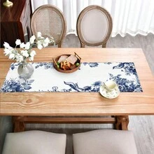 1pc Blue & White Porcelain Floral & Bird Pattern Elegant Retro Style Large Rectangular Table Runner, Home Decor Accessory Suitable For Family Gatherings, Indoor/Outdoor Spaces, Entryway, Coffee Table, Living Room Ambiance, Kitchen Dining, Holiday & Nature-Inspired Gifts - Multicolor - View 10