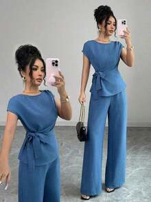 azul plisada con lazo ajustable en la cintura y pantalones anchos de tiro alto con bolsillos, conjunto elegante y casual para la oficina - Azul - Ver 1