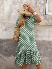 YJLEMERY ROSE Women's Dress With Notched Collar, Ruffled Hem And Short Sleeves YJL - Army Green - View 6