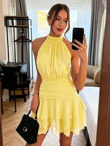 Vestido elegante y romántico de cuello halter, cintura ajustada, vestido corto con volantes plisados en albaricoque y blanco, nuevo vestido de primavera/verano, vestido para cita de San Valentín, vestido casual de vacaciones, vestido románt - Amarillo - Ver 7