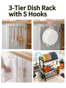 1 pieza Estante de cocina grande de 3 niveles con drenaje rápido, soporte para cuchillos y tenedores, estante para tabla de cortar, organizador de utensilios de mesa multifuncional para tazones, platos, estante de metal elegante, suministros de cocina duraderos, estante de almacenamiento de cocina - Negro - Ver 5