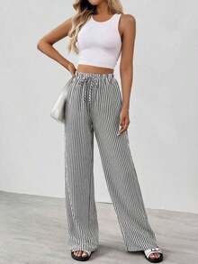 Tall Pantalones largos de mujer casuales de uso diario con estampado a rayas y estampados para primavera/verano - Negro 2 - Ver 3