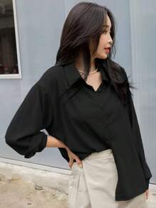 Camisa con botones y hombros caídos, blusas de manga larga, ropa de mujer para otoño - Negro - Ver 1