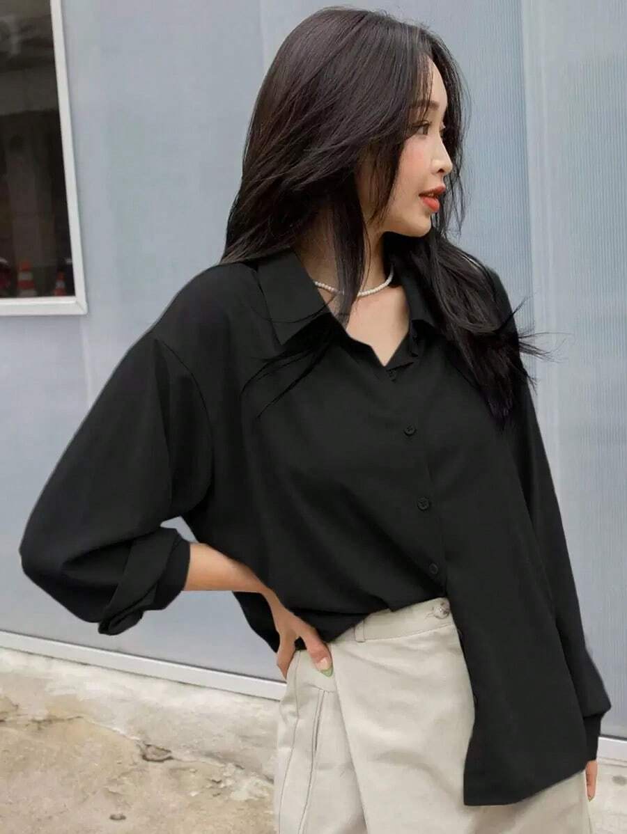 Camisa con botones y hombros caídos, blusas de manga larga, ropa de mujer para otoño - Negro - Ver 1
