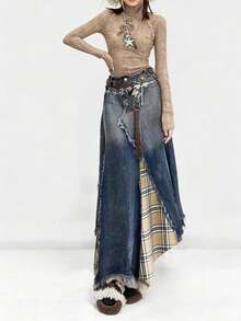 ARWY Y Women's A-Line Denim Maxi Skirt, Classic Washed Pleated Design With Raw Edge Button Decor, Casual Elegant Style - Medium Wash - View 5