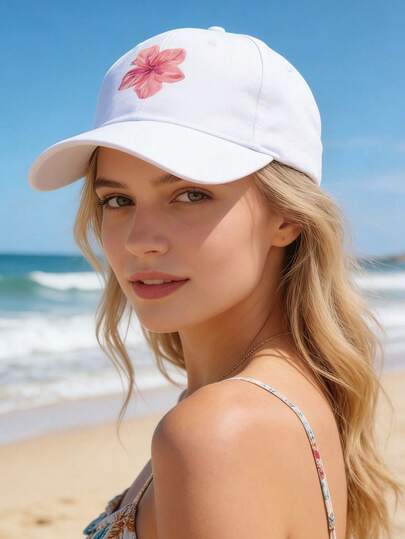 1PC White Hawaiian Hibiscus Flower Baseball Cap For Women, Classic Design Baseball Hat, Stylish Solid Color Baseball Cap, Suitable For Casual Wear, Summer Essentials Holiday Beach Vacation Hat