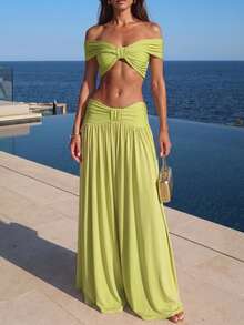 Perirose Bộ đồ nữ màu xanh lá chanh gồm áo croptop trễ vai và chân váy dài, thiết kế thắt eo thời trang, gồm 2 mảnh, thích hợp cho kỳ nghỉ biển. - Màu xanh Ô liu - Xem 4