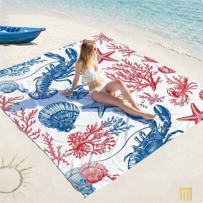 1pc Red & Blue Lobster & Starfish Extra Large Quick-Dry Beach Blanket, Suitable For 1-3 Adults - Lightweight, Durable Polyester Fabric - Great For Travel, Camping, Hiking And Leisure Beach Time, Beach Mat, Camping Ground Cover
