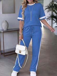 Conjunto de 2 piezas para mujer de primavera/verano, top de manga corta de cuello redondo y contraste de color casual y versátil, y pantalones rectos de cintura alta con cordón - Lago Azul 69 - Ver 5