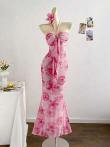 2026 Women's Romantic Gradient Mesh Knit Holiday Dress With Halter Neck, Bow And Decorative Metal Buckle, Mermaid Cut, Suitable For Parties, Dates, Afternoon Tea, Sexy And Elegant - 粉色 - 查看 4