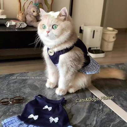 Vestido de mascota estilo coreano preppy - Lindo conjunto de camiseta con moño y falda para perros y gatos pequeños, atuendo de verano transpirable para Bichón, Pomerania, British Shorthair