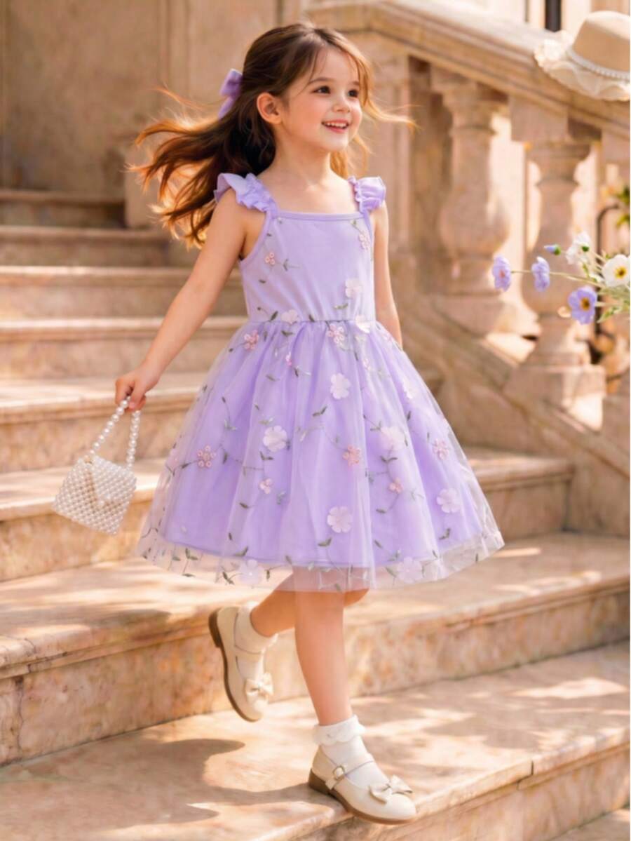 Vestido de niña con bordado floral y tirantes de malla, vestido de fiesta de princesa para niñas pequeñas en verano - Lila Púrpura - Ver 1