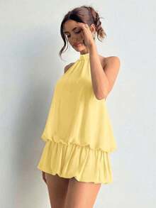 Women's Casual Summer Dress With Halter Neck, Solid Color And Ruffles At The Hem - Yellow - View 6