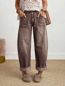 Women's Button Waist Design Pocket Tapered Casual Jeans - Café integral - Ver 12