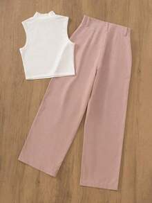 Conjunto de pantalones rectos casuales de color rosa y blusa de cuello alto blanca, adecuado para la oficina y el jardín, elegante para primavera/verano - albaricoque y blanco - Ver 8