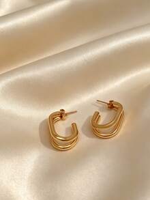 1 Pair Stainless Steel Classic Oval Earrings, Gold Tone Double Layer Earrings, Non-Fading Fashion Accessories For Women, Suitable For Dining, Party - Gold - View 4