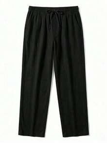 Pantalones de lino sueltos con cordón y bolsillo, unicolor, casuales, cómodos para primavera, verano, otoño e invierno - Negro - Ver 7