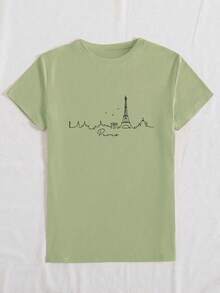 Women's T-Shirt With Paris Skyline Design, Paris Art Print, Round Neck, Short Sleeve, Casual Style, Paris Graphic T-Shirts For Women - 軍綠色 - 查看 3