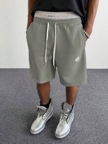 Retro 2 In 1 Waistband Sports Shorts, Men's Embroidered Logo Loose Straight Casual Bermuda Shorts - Dark Grey - View 6