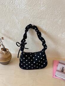 1pc Black Polka Dot Decor Corduroy Pleated Shoulder Underarm Bag For Women, Spring New Arrival - Black - View 2
