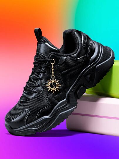 Women's Fashion Casual Shoes, 5CM EVA Platform Thick Sole Chunky Sneakers, Plus Size Breathable Mesh Outdoor Sports Shoes, Comfortable Lightweight Skateboard Shoes With Gold Sunflower Decor Chain, Petite Women Black Shoes