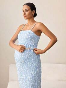 MaterniWear Set de 2 piezas de conjunto informal de camiseta de tirantes y pantalón de pierna ancha con estampado floral para maternidad - Celeste - Ver 7