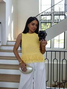 Top de punto sin mangas de cuello redondo de unicolor, versátil para el verano - Amarillo - Ver 1