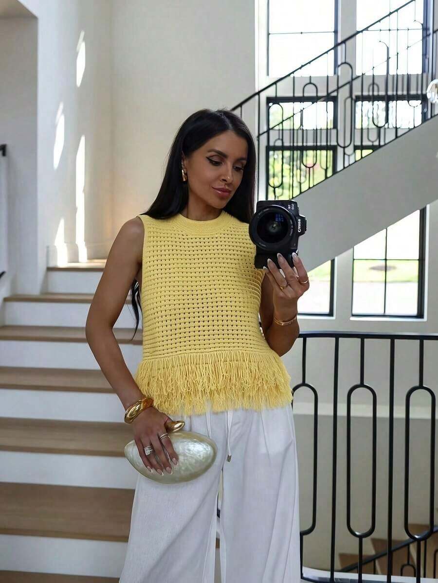 Top de punto sin mangas de cuello redondo de unicolor, versátil para el verano - Amarillo - Ver 1